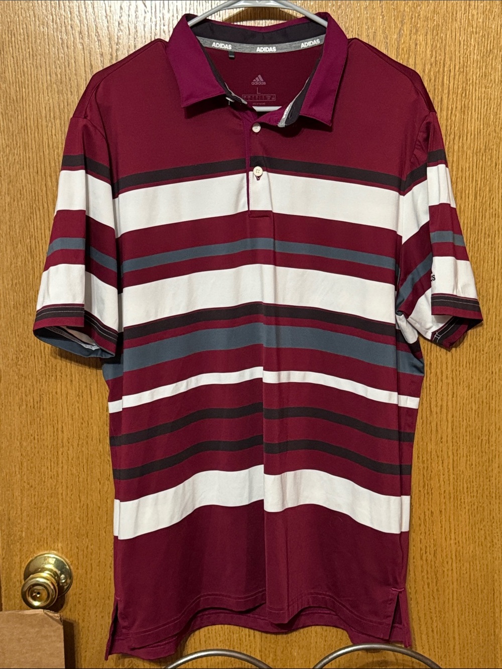 adidas Men's Maroon Striped Polo with White and Gray Bands